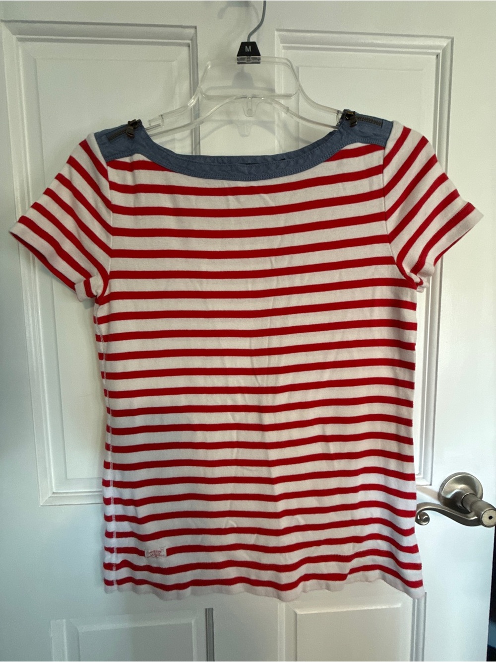 Lauren Ralph Lauren Red & White Striped Short Sleeve Tee with Blue Trim